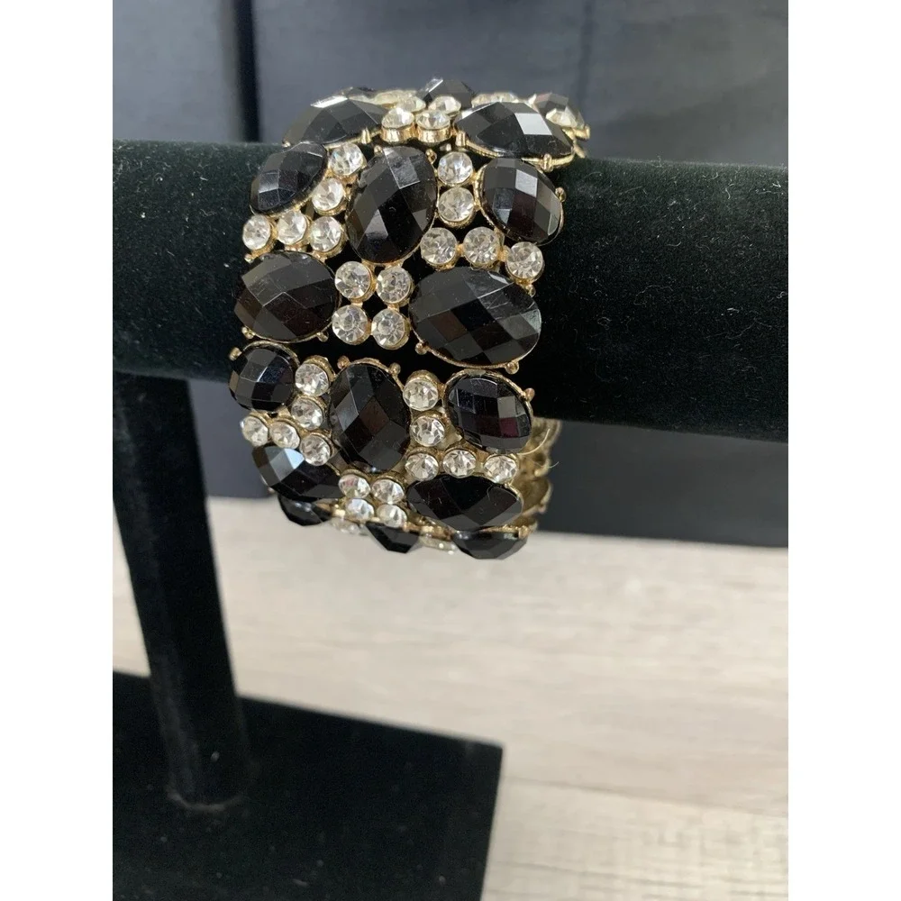 Chunky Black Faux Stone Cluster With Crystals Stretch Bracelet Gold Tone‎ 7